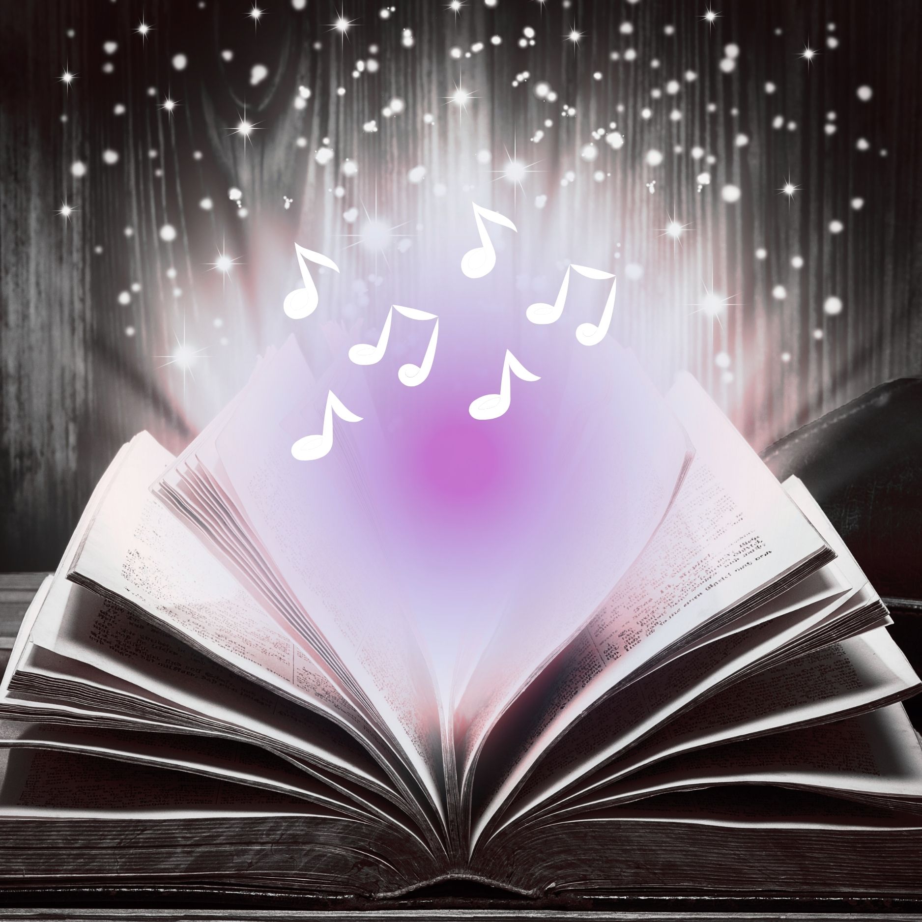 Open book with purple glow and sparkling musical notes cascading from the pages